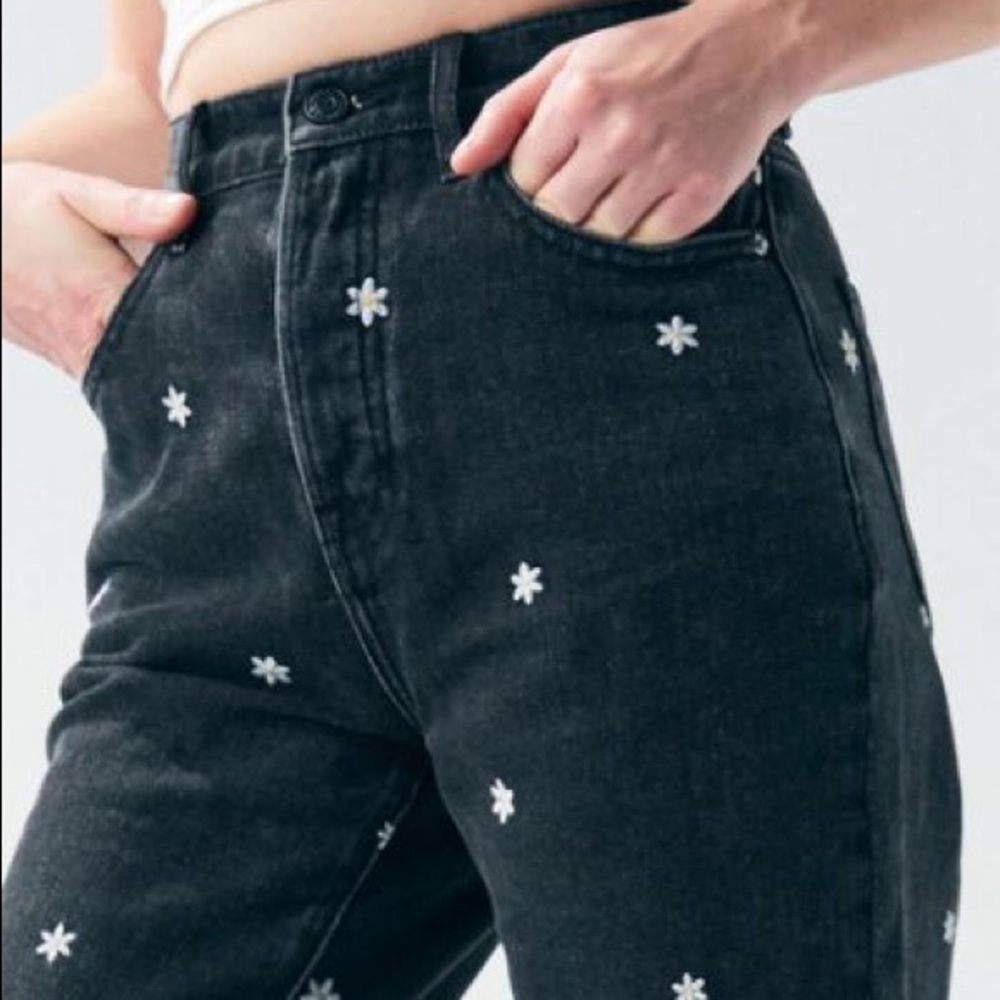 Reformation Cynthia High Relaxed Denim Black Floral Embroidered